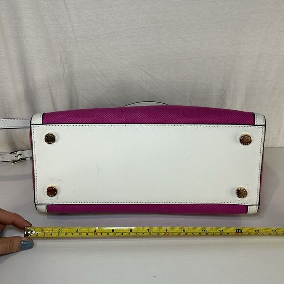 MICHAEL KORS Fuschia White Leather Selma Satchel Purse Long Strap & Dbl. Handles - Picture 6 of 16